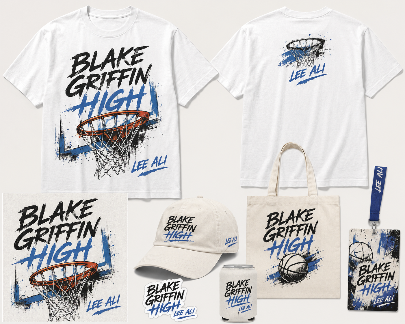 Blake Griffin High full merch collection by Lee Ali - T-shirts front and back, hat, tote bag, sticker, koozie, and lanyard featuring basketball hoop artwork